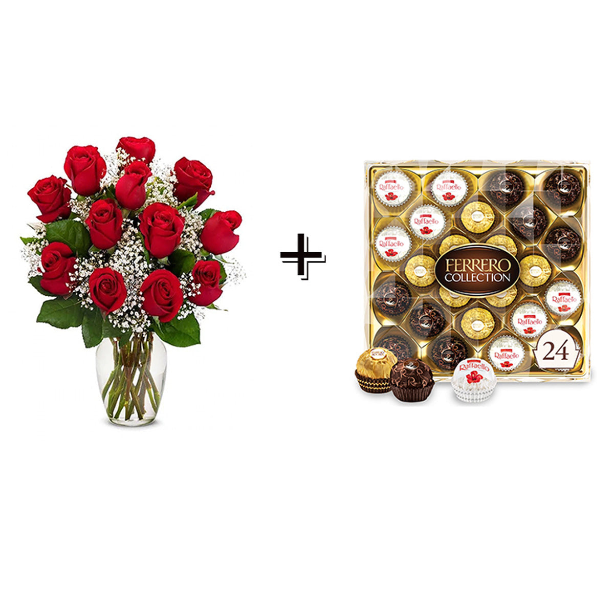 *** 1 Dozen long stem roses and a 24 pack of Ferrero Chocolates ***